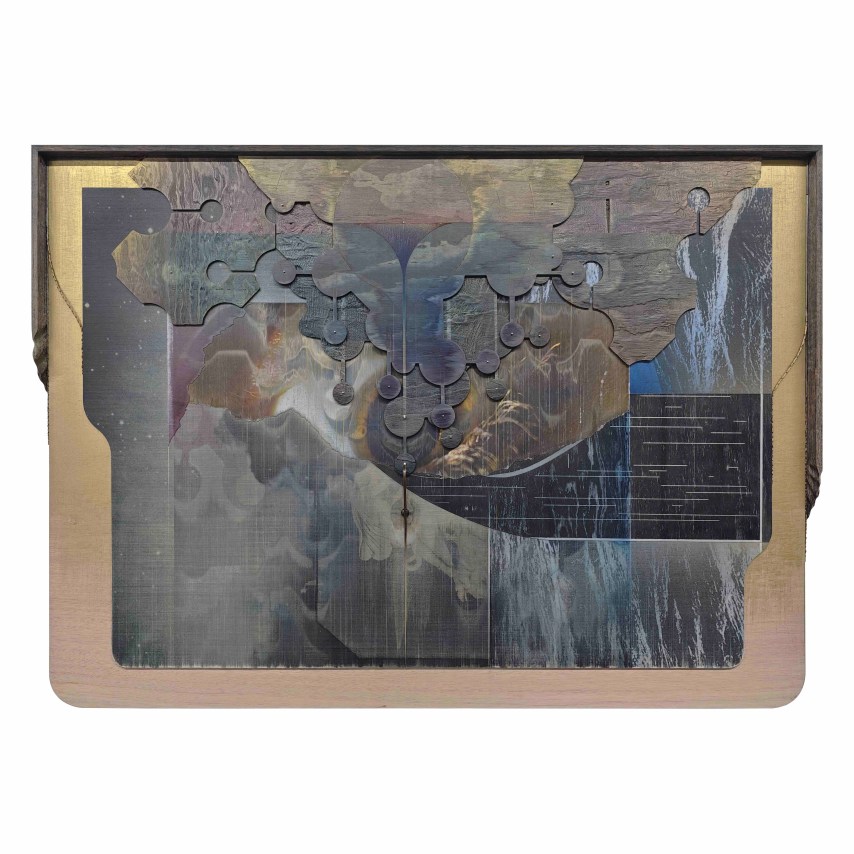 Omar Barquet, Premonition (for D. Tanning), 2024. Mixed media collage comprised of digital print on paper and wood board, color pencil, woodcut print, lacquer oil paint on wood fragments, fragments of coconut branches, seashell, pearl, glass, synthetic hair and nails, custom artist&rsquo;s frame, 47 x 67 inches.