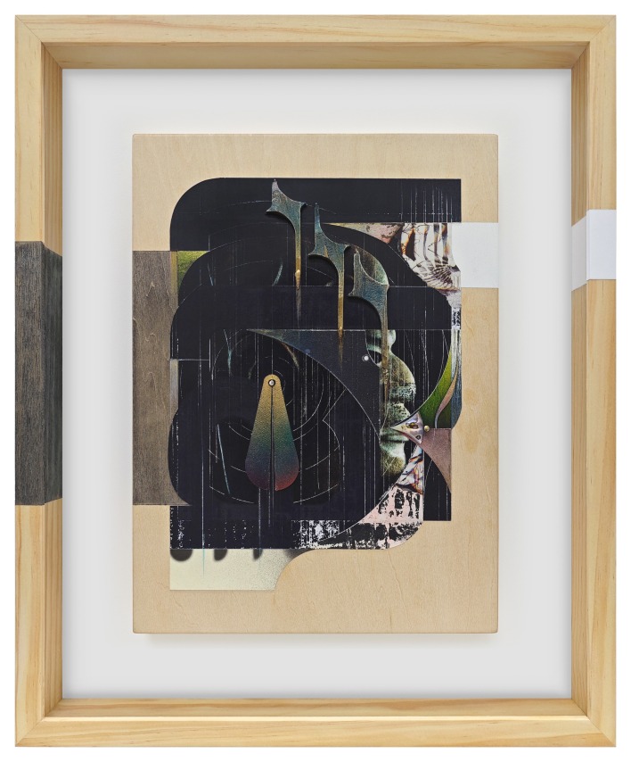 Omar Barquet, lla (from the Syllables series), 2024. Mixed media collage comprised of lacquer oil paint, ink, color pencil, fragments of wood, cardboard, canvas, seashells, nacre shell, pins on printed paper, custom artist frame, 17 x 14 1/4 inches.