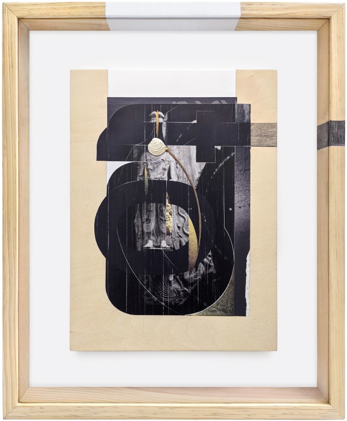 Omar Barquet, to (from the Syllables series), 2022. Mixed media collage comprised of wooden fragments, seashell, silver and golden pin, enamel and ink on printed paper, custom artist frame, 17 x 14 1/4 inches.