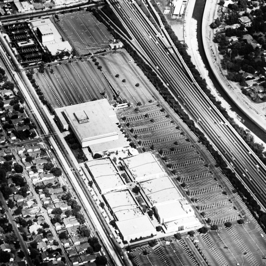 Ed Ruscha,&nbsp;Fashion Square, Sherman Oaks&nbsp;from the series&nbsp;Parking Lots, 1967/1999. 15 x 15 inches on a 20 x 16 sheet.