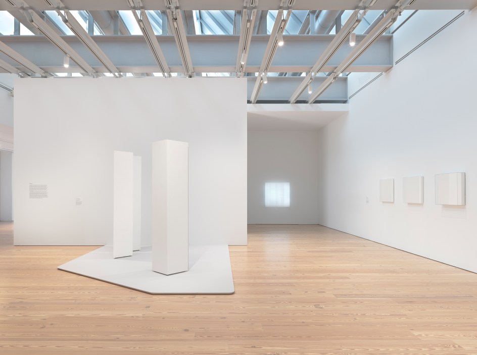 Installation photo of the 2018 exhibition Mary Corse: A Survey in Light at the Whitney Museum of American Art, New York, view 2