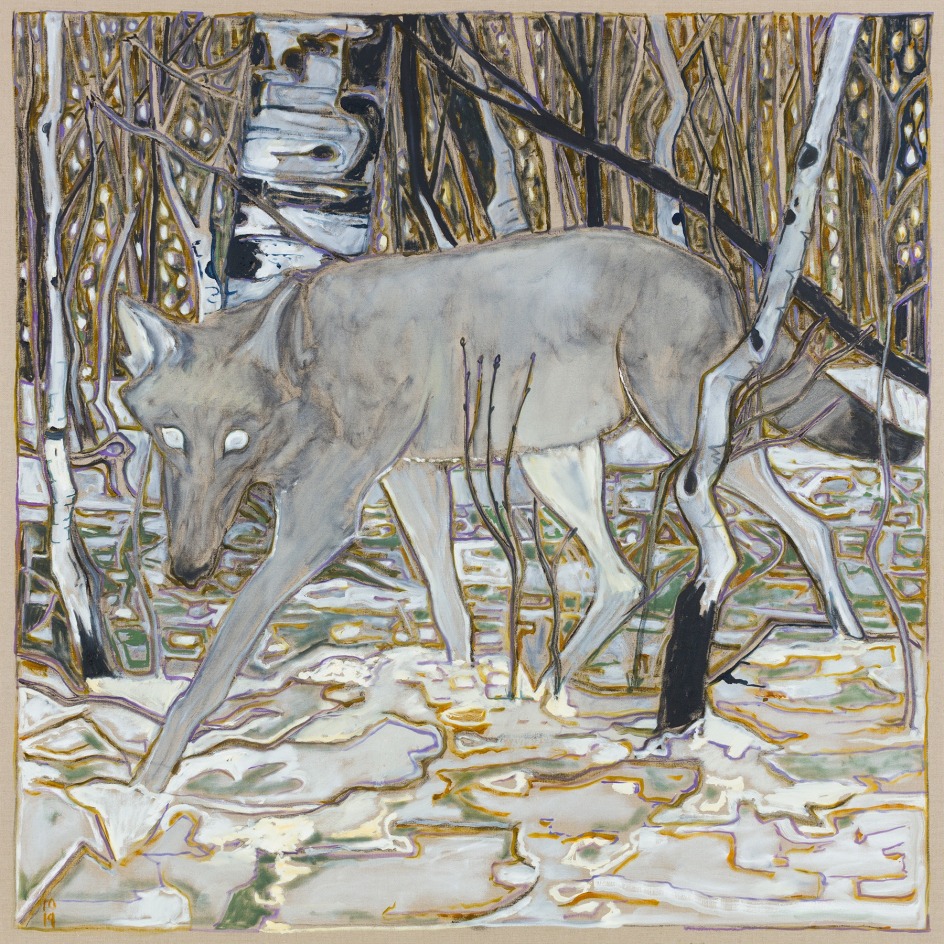 BILLY CHILDISH, wolf in birch trees, 2019