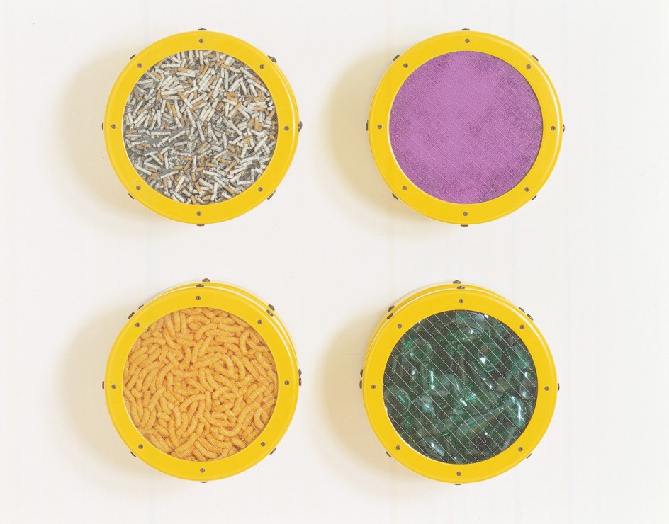 ASHLEY BICKERTON, Small Yellow Catalog: Cigarettes, Purple Pigment, Cheese Doodles, Broken Glass, 1991
