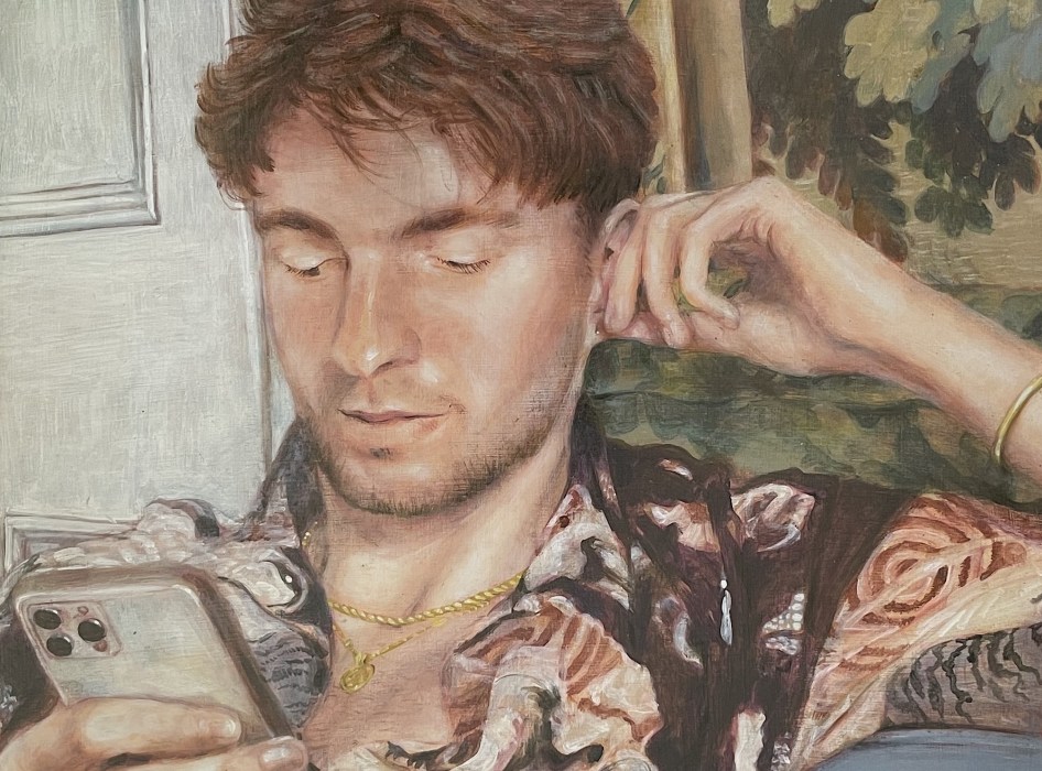 Oil painting of the artist's son on his iphone