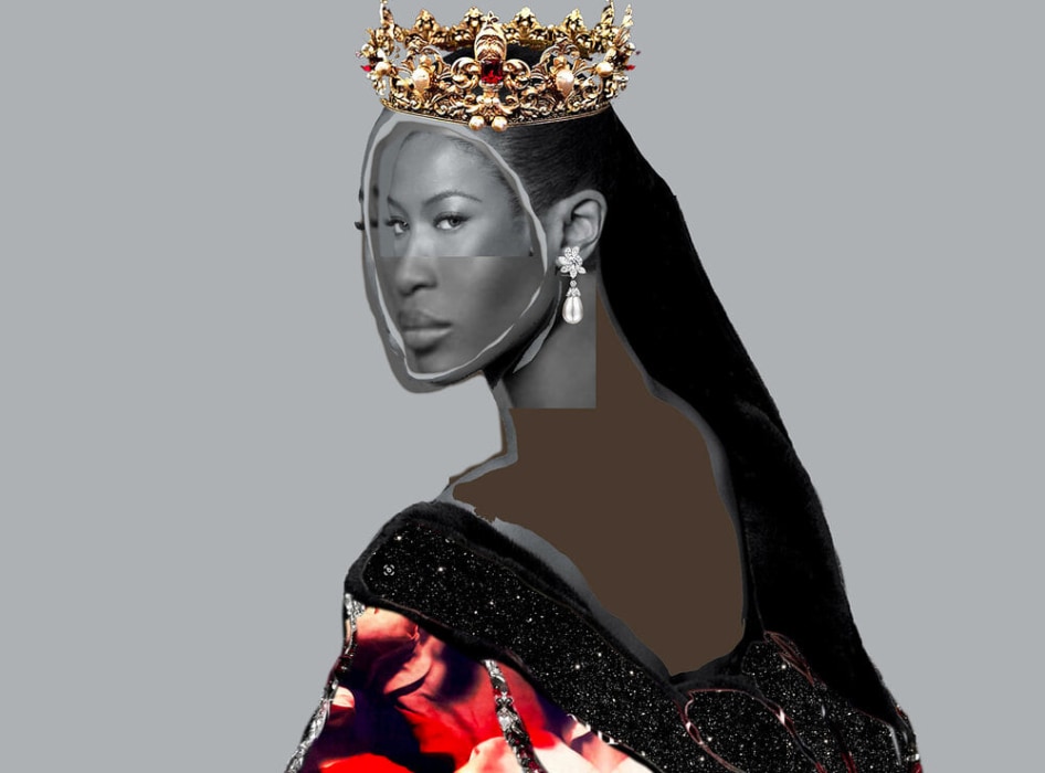 Collage and mixed media artwork of a seated Black woman looking over her proper left shoulder, with long dark hair, draped in fabric composed of jewels and appropriated red images with lips.