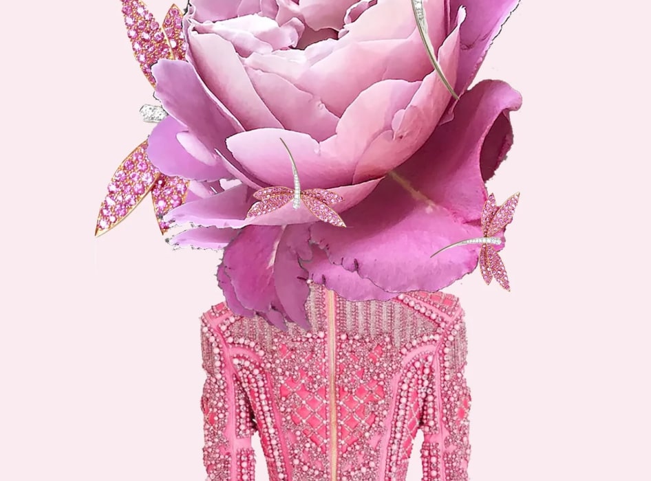 Collage and mixed media artwork of a seated Black woman looking over her proper left shoulder, with long dark hair, draped in fabric composed of jewels and appropriated red images with lips.