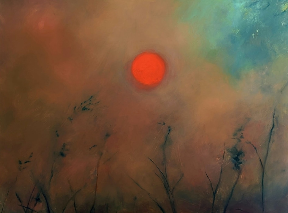 An oil painting of a small sun at the top center shining through smoke from green foliage that is burning with orange and yellow flames.