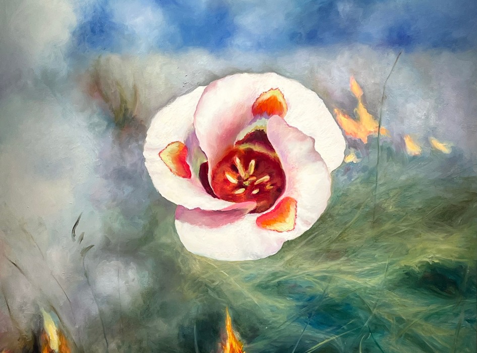 An oil painting of a small sun at the top center shining through smoke from green foliage that is burning with orange and yellow flames.