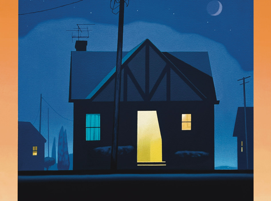 Three houses in an Icelandic snow covered landscape with the moon above.