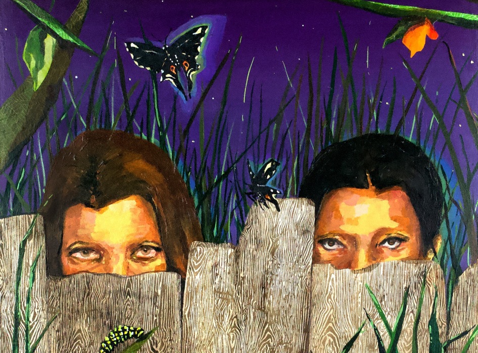 Painting of four pink heads sticking out of water with eyes looking straight ahead, a gray torso on the right with blue flowers, and a red sky with green leaves.