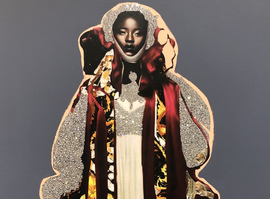 Collage and mixed media artwork of a seated Black woman looking over her proper left shoulder, with long dark hair, draped in fabric composed of jewels and appropriated red images with lips.