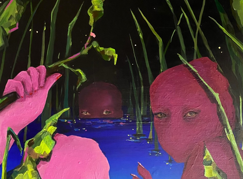 Painting of four pink heads sticking out of water with eyes looking straight ahead, a gray torso on the right with blue flowers, and a red sky with green leaves.