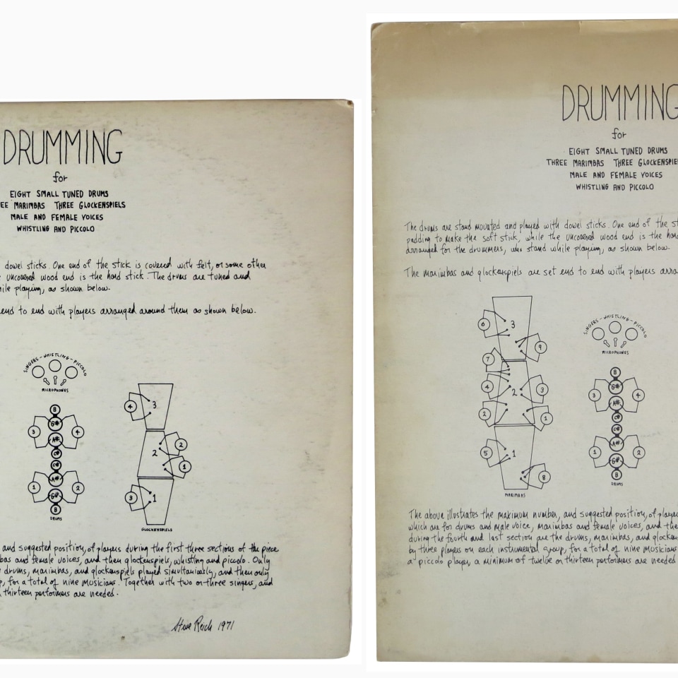 Drumming for eight small tuned drums, three  marimbas, three glockenspiels, male and  female voices, whistling and piccolo, Steve Reich, Alternate Projects