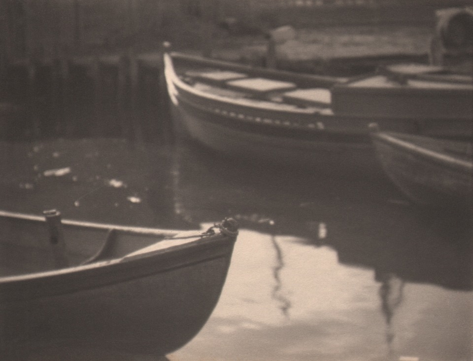 Doris Ulmann, Boats, Gloucester, Mass., ​c. 1920. Detail of three rowboats, in the water in partial view: one in the foreground emerging from the right, two in the background emerging from the left.