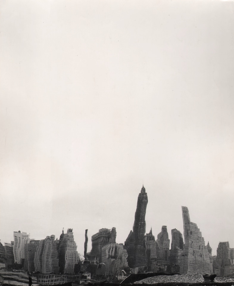 31. David Attie, Saloon Society, ​1959. Distorted skyline fills the lower third of the frame with an overcast sky above.