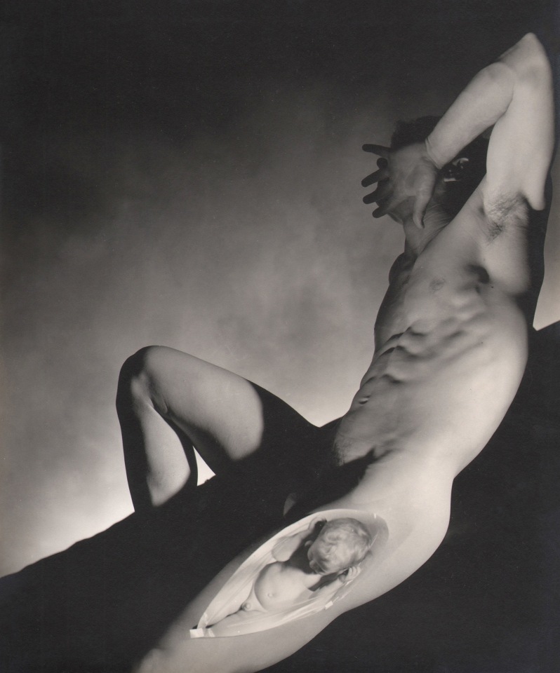 George Platt Lynes, Birth of Dionysus, ​c. 1945. Reclining nude male torso with an infant superimposed on the left thigh.