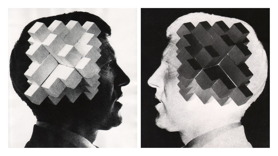 11. David Attie, Untitled, ​n.d. Two composite prints: one positive and one inverted negative of the same image. Side-profile portrait of a man's head with an abstract geometric sculpture superimposed.