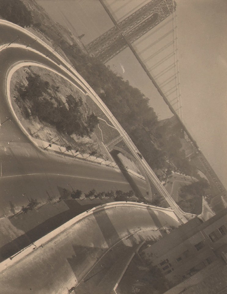 Paul J. Woolf, George Washington Bridge Abstraction, ​c. 1933. View of the street and George Washington Bridge with horizon line at an upper left to lower right diagonal.