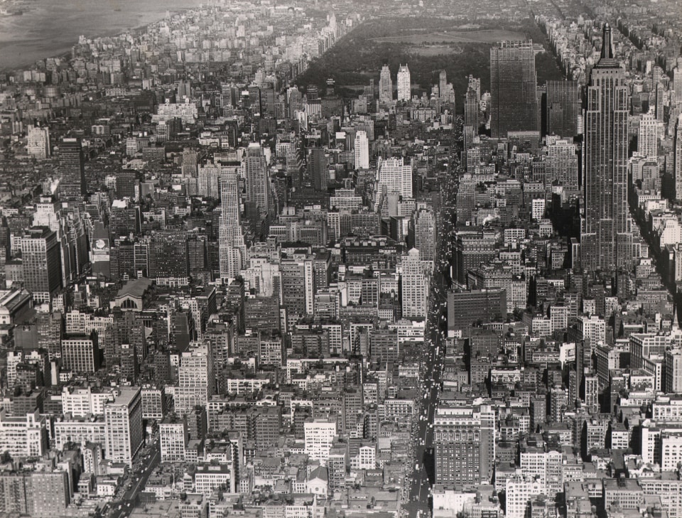 37. Charles E. Rotkin, Aerial View of New York City, c. 1948. Aerial view in a horizontal composition with the Empire State Building in the top right of the frame.