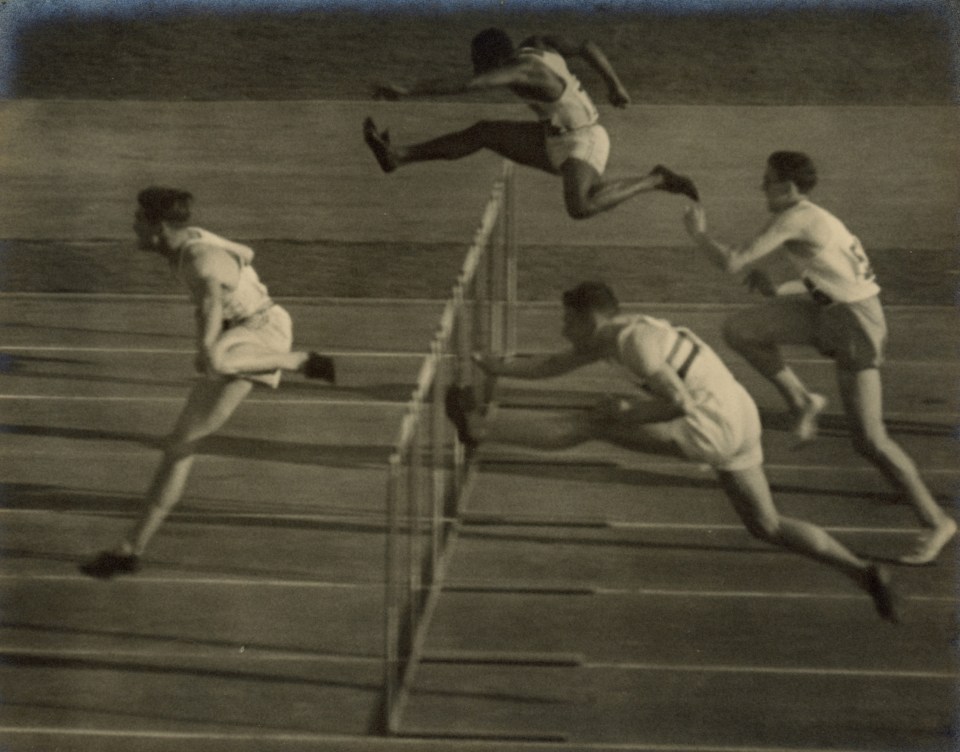 38. Leni Riefenstahl (German, 1902-2003), 40 - Towns in the end spurt series three (110 m Hurdles Final, The winner Towns -USA in front), 1936, Vintage Gelatin Silver Print, 9&rdquo; x 11&rdquo;