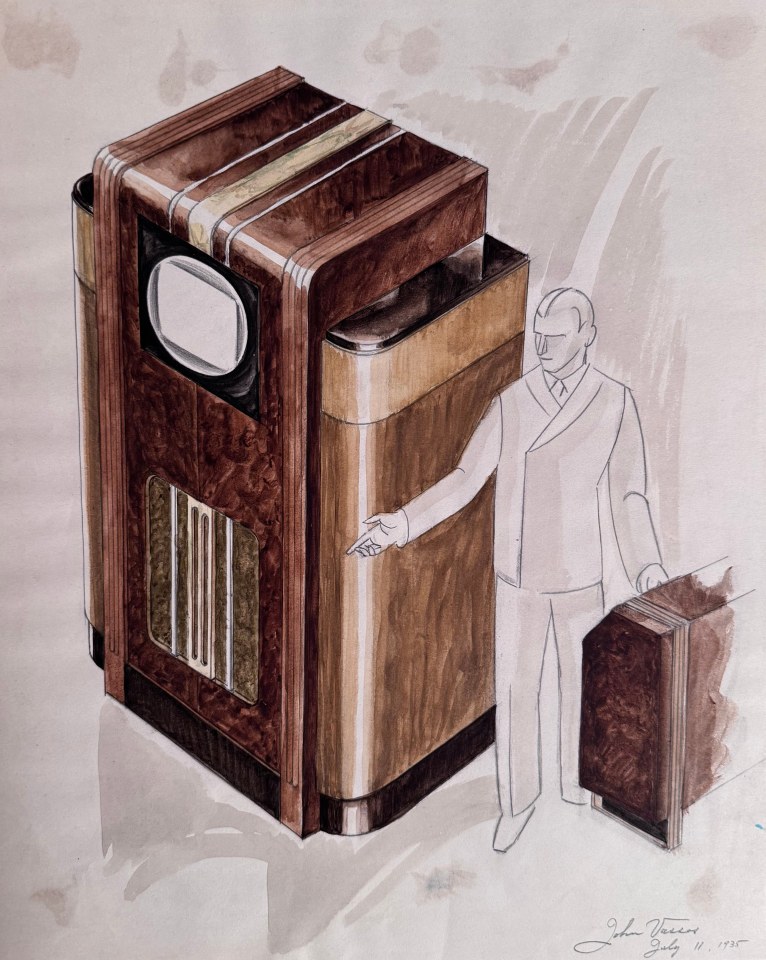 21. John Vassos (American 1898- 1985), Industrial Design Sketch for Early Model Television, 1935, Watercolor on paper, 15&rdquo; x 12&rdquo;