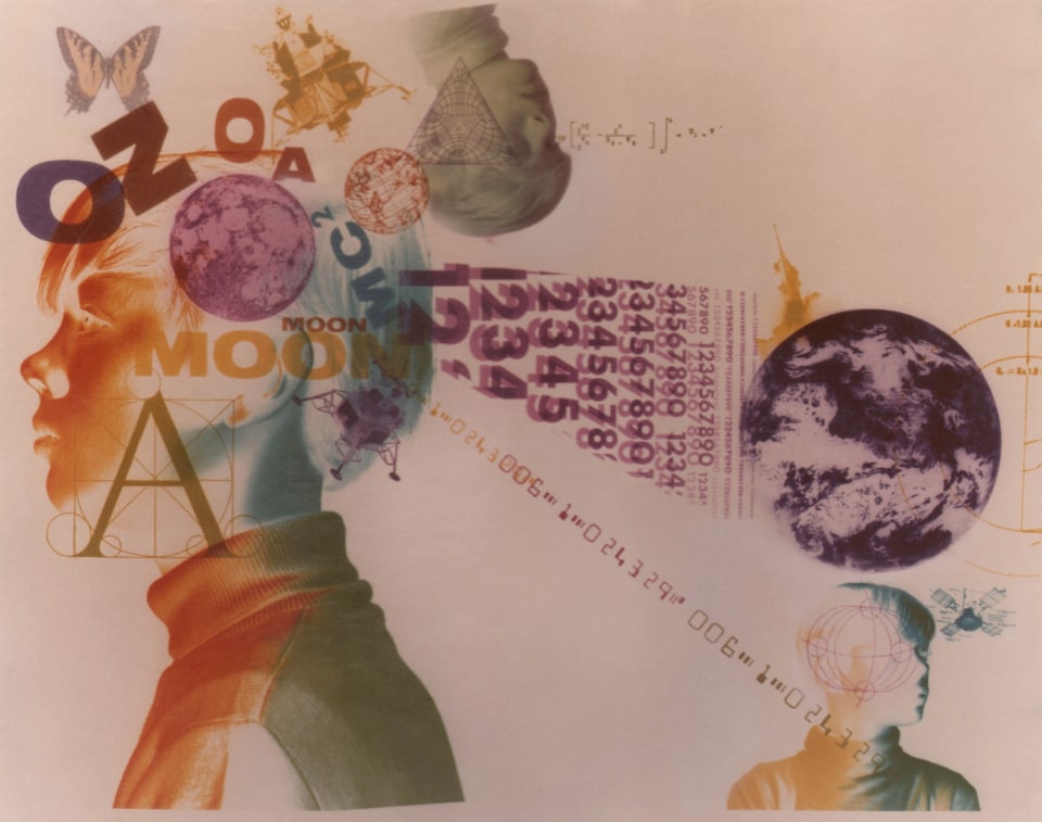 19. David Attie, Untitled, c. 1970. Composite color photo of three portraits in profile, featuring shapes formed by various numbers and letters, a globe, a butterfly, and more.