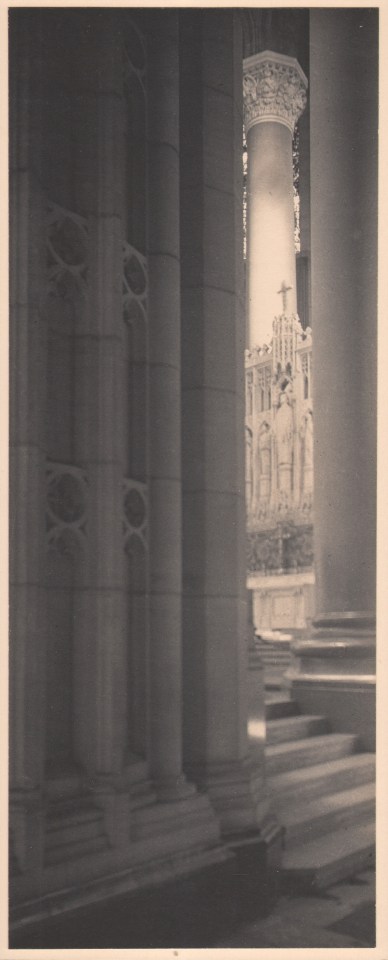 13. Antoinette B. Hervey, In the Cathedral of St. John the Divine, New York, ​c. 1927. Tall &amp; thin view of marble stairs and columns in a church.