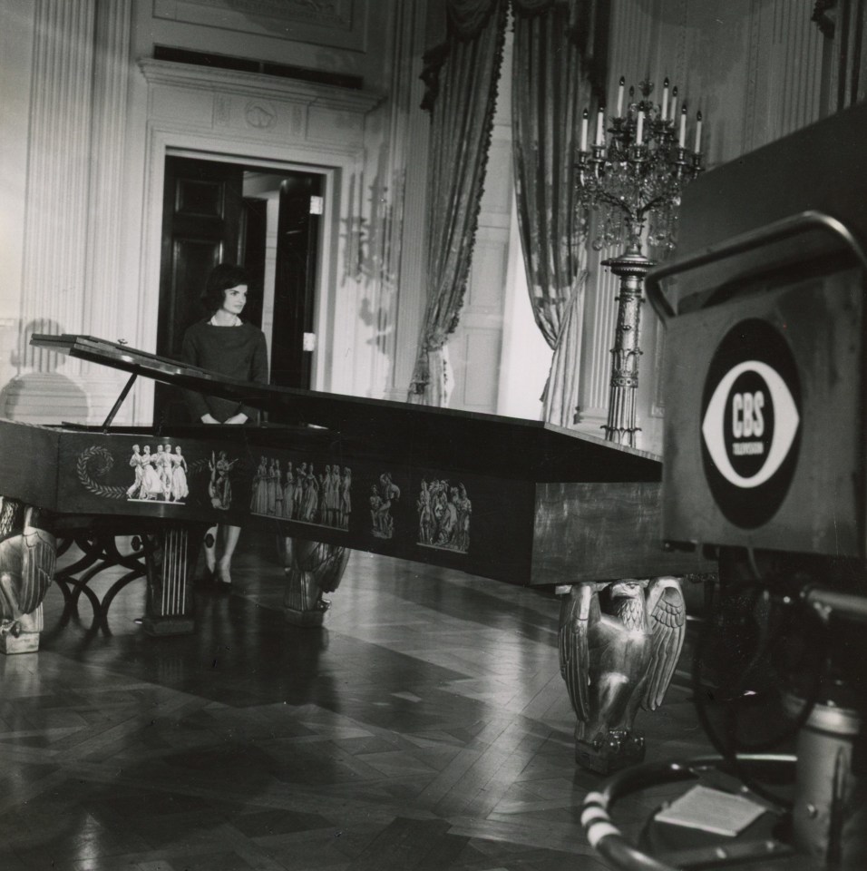 35. Field Enterprises, Inc., Jackie Kennedy in the East Room giving a tour of the White House that was broadcast on CBS, 1962, Gelatin Silver Print, 6.5&rdquo; x 6.5&rdquo;