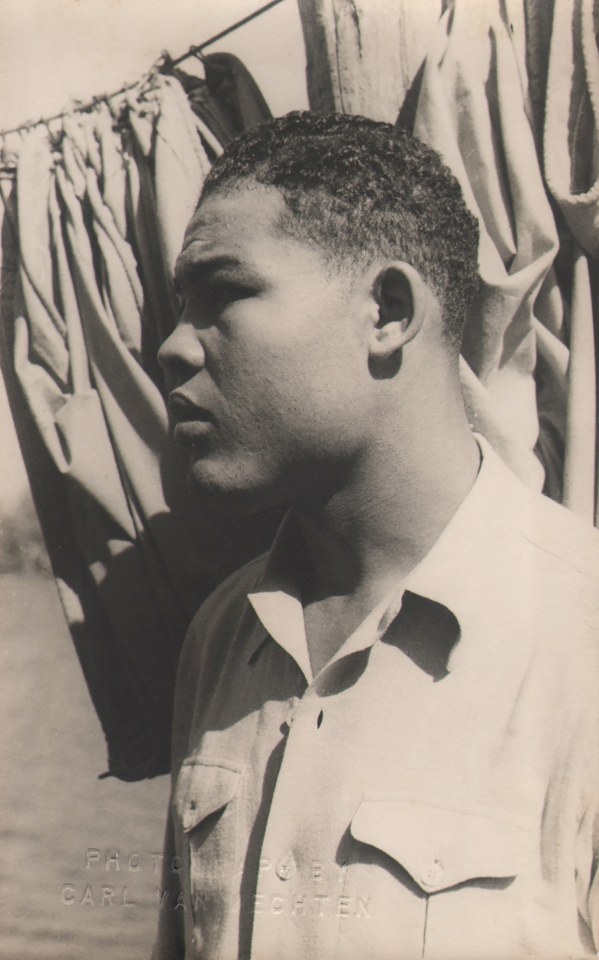 Carl Van Vechten, Joe Louis, ​1941. Subject is in profile facing left, outdoors in direct sunlight.