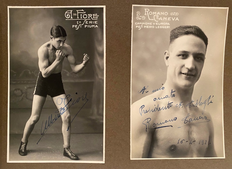 BOXING AUTOGRAPHED ALBUM ITALY MILAN BOXING CLUB, SOME CREDITED TO FARABOLA, 1920S