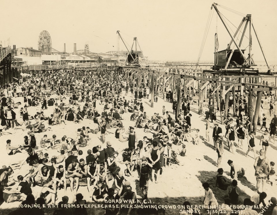 15. Edward Rutter (American, 1883-1964),&nbsp;Boardwalk, Coney Island - General View Looking West&nbsp;from Steeplechase Pier Showing Crowd on Beach Inside of Boardwalk, 1922, Vintage Gelatin Silver Print, 7.75&rdquo; x 9.5&rdquo;