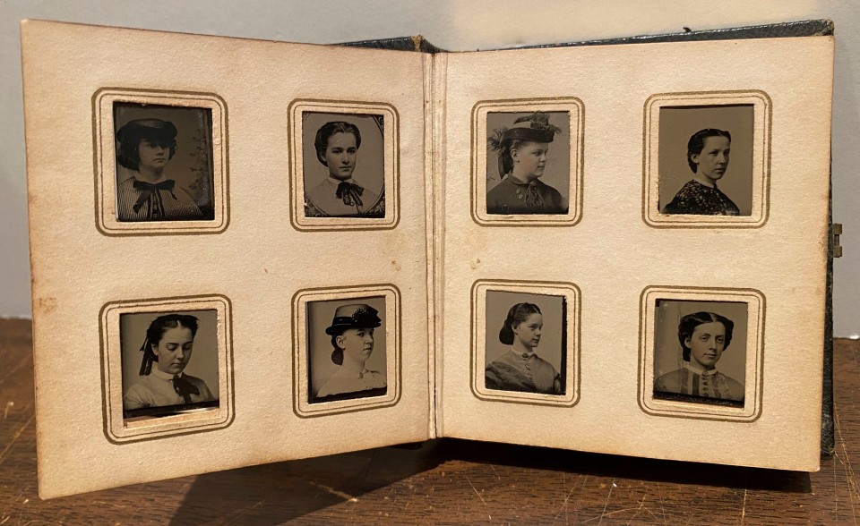 GEM TYPE ALBUM 76 PORTRAITS OF WOMEN BY J.E. TILTON MANY WEARING HATS PRESUMABLY FROM AN ALL-GIRLS SCHOOL BOSTON 1850S