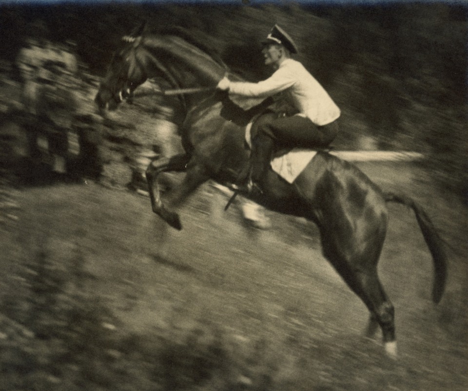 31. Leni Riefenstahl (German, 1902-2003), 30 - Oberleuntant Freiherr von Wagenheim (Over the village dyke into the gully), 1936, Vintage Gelatin Silver Print, 9&rdquo; x 11&rdquo;