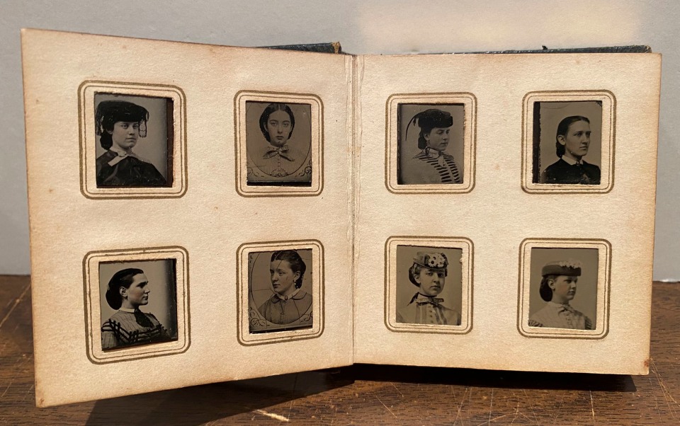 GEM TYPE ALBUM 76 PORTRAITS OF WOMEN BY J.E. TILTON MANY WEARING HATS PRESUMABLY FROM AN ALL-GIRLS SCHOOL BOSTON 1850S