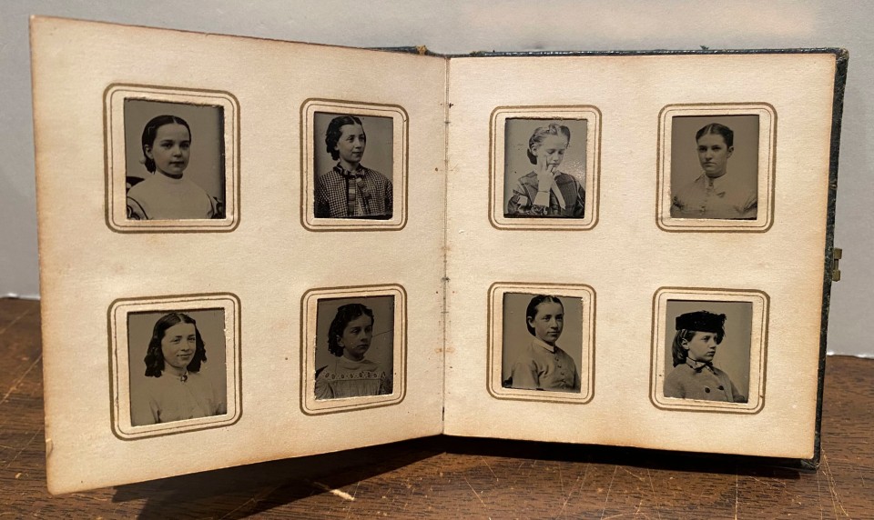 GEM TYPE ALBUM 76 PORTRAITS OF WOMEN BY J.E. TILTON MANY WEARING HATS PRESUMABLY FROM AN ALL-GIRLS SCHOOL BOSTON 1850S