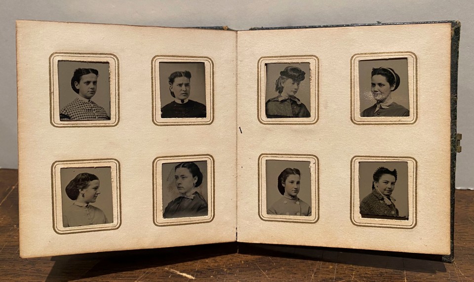 GEM TYPE ALBUM 76 PORTRAITS OF WOMEN BY J.E. TILTON MANY WEARING HATS PRESUMABLY FROM AN ALL-GIRLS SCHOOL BOSTON 1850S