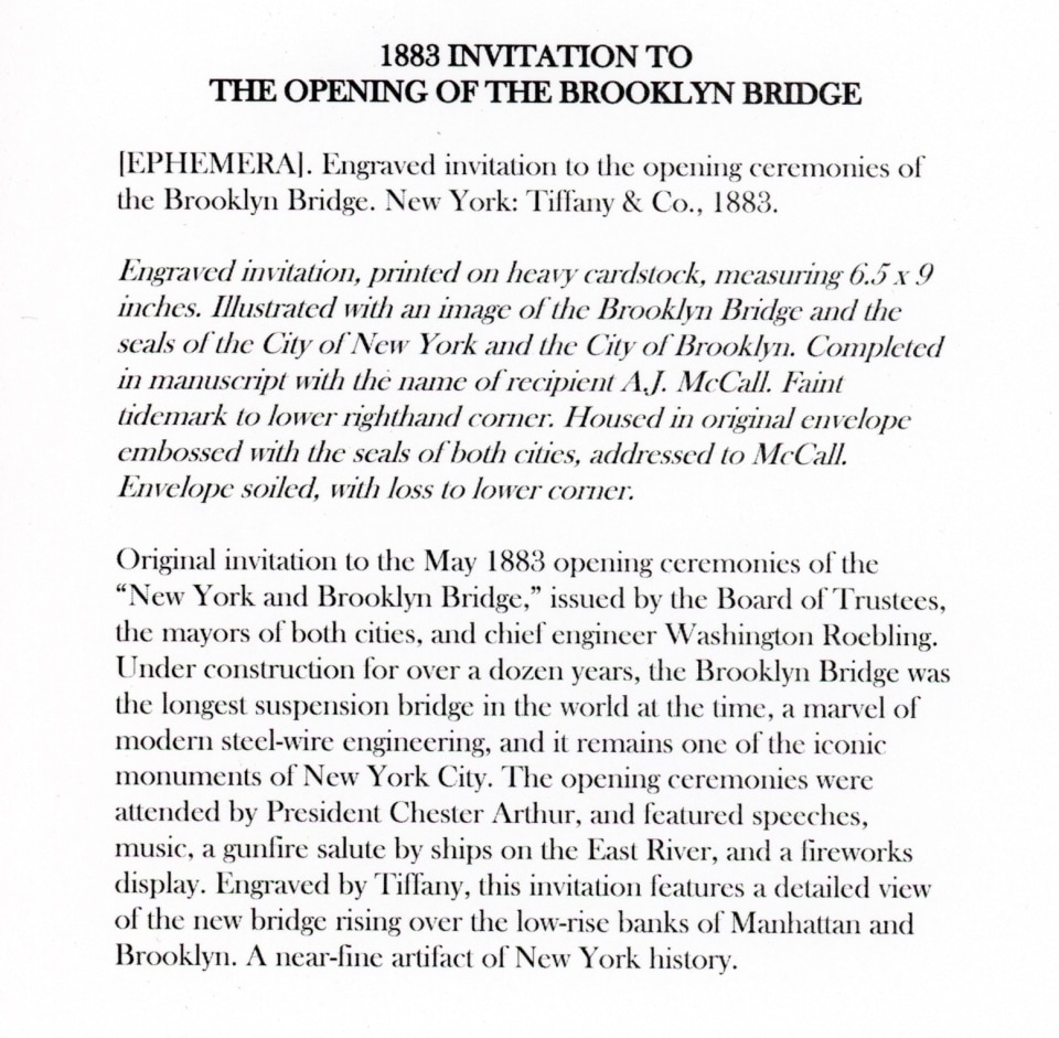 1883 INVITATION TO THE OPENING OF THE BROOKLYN BRIDGE