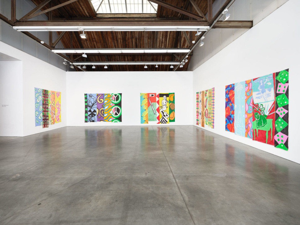 5 large paintings installed in an art gallery - colorful strips of mixed images sewn together