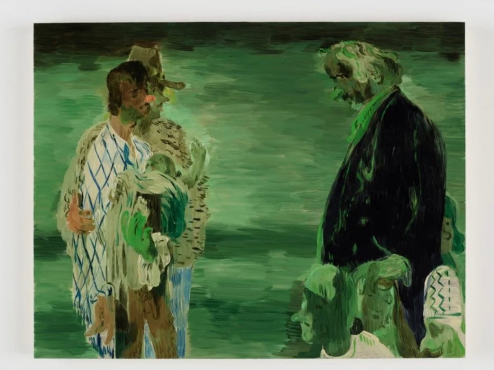A green painting of 3 figures, one man is holding a baby