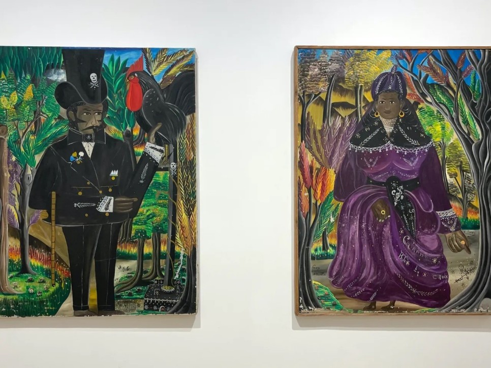 Two portraits of a man in a black suit and a woman in a purple dress, painted by the Haitian artist Andre Pierre