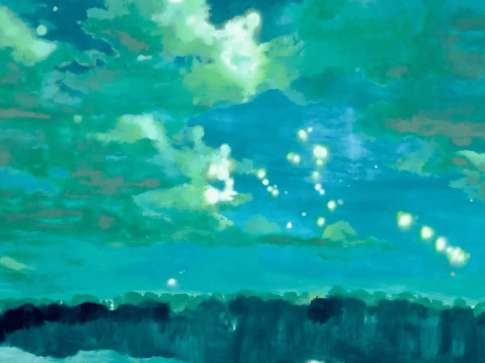 Painting of blue sky with clouds and light from rockets
