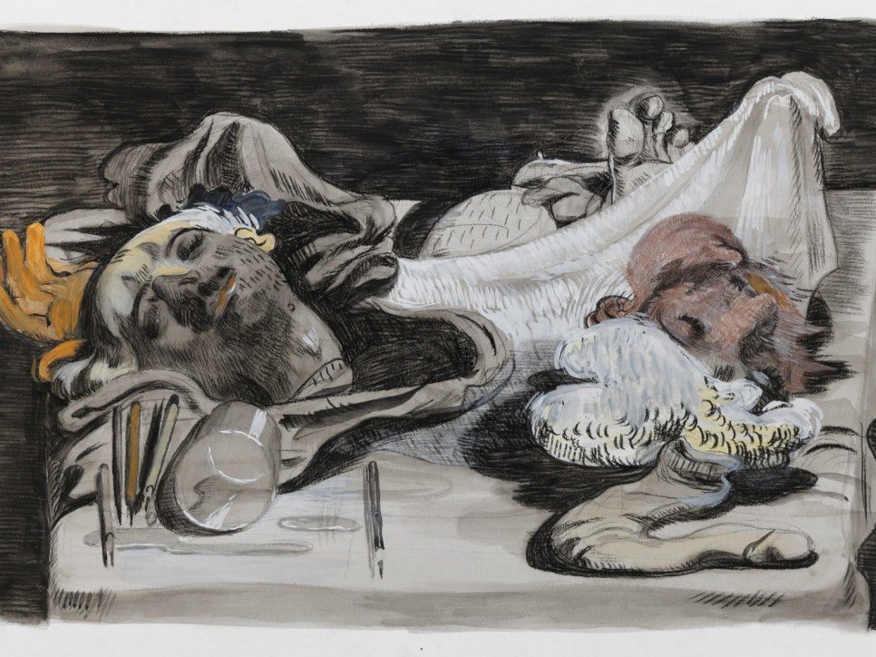 Charcoal and ink drawing on paper: two heads and various objects on a table