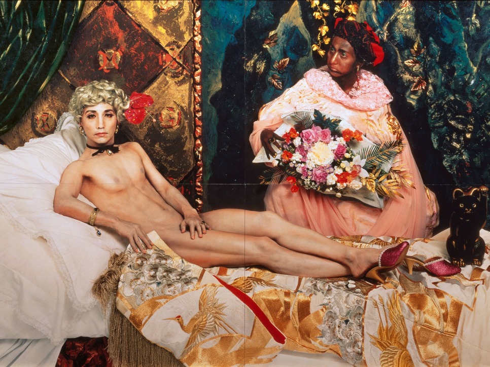 Reimagining of a Manet painting depicting a naked woman on a divan with her maidservant bringing her flowers