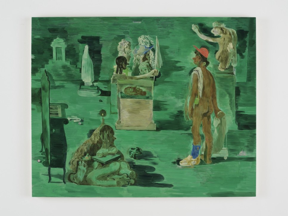 Green painting of a naked figure in a museum