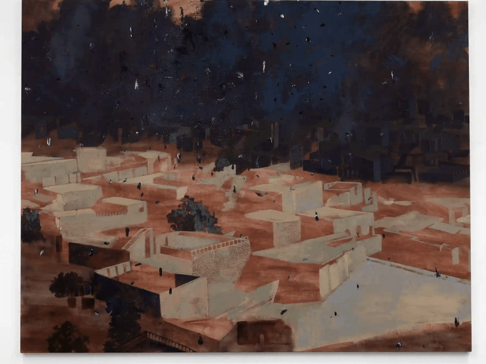 Painting of rooftops at night