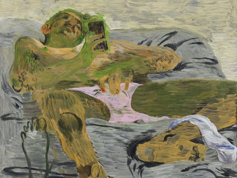 Painting of a young man in bed, in his underwear and looking at a phone
