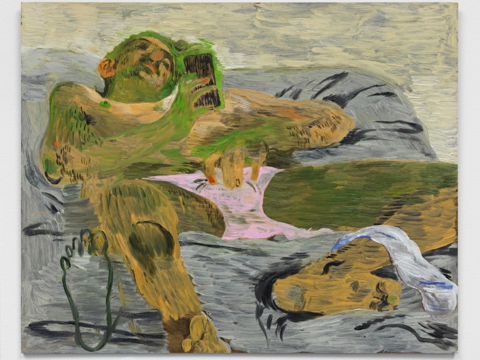 Painting of a man in bed in his underwear, looking at a phone
