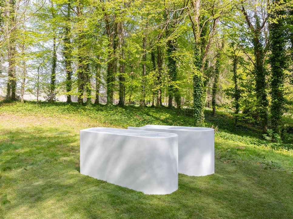 Two white oval sculptures in a wooded field