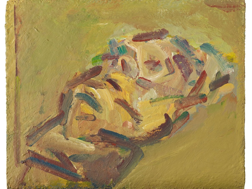 Oil painting of a reclining face on ochre background