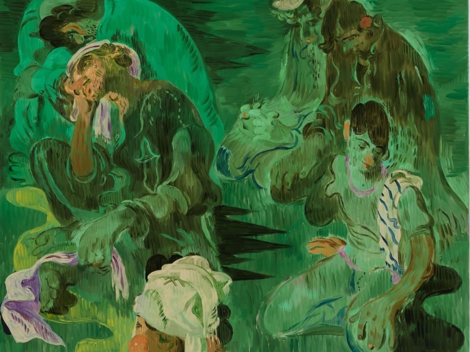 Painting of 6 figures sitting on the ground bathed in green light